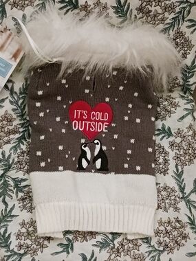 Gray Knit Winter Dog Sweater with Faux Fur Trim & Fleece - "It's Cold Outside"